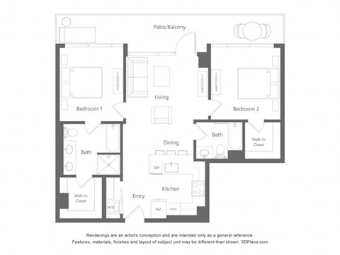 Floor plan for 2 beds, 2 baths, 1077 sqft